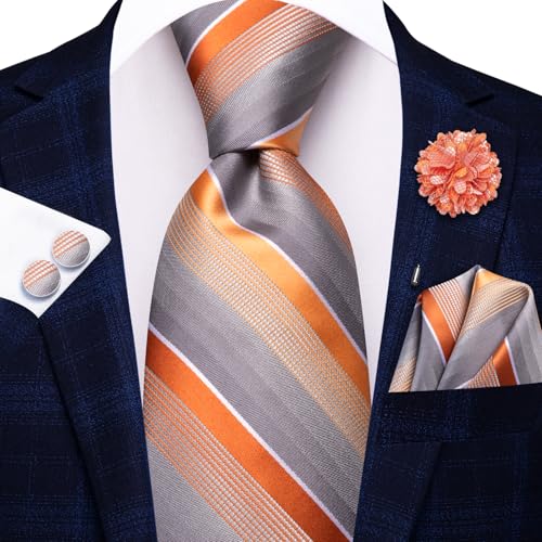 Image of Hi-Tie Men Silk Ties Set with Flower Lapel Pin Necktie Pocket Square Cufflinks for Tuxedo Wedding Business