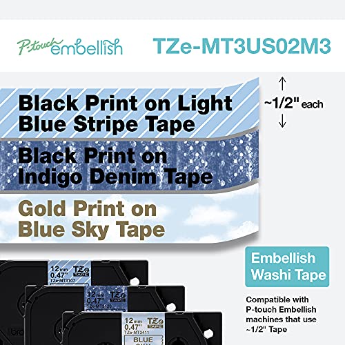Image of Brother 3-Pack Blue Washi Tape Assortment TZeMT3US02M3 ~ inch Wide x 13.1' Long for use with P-touch Embellish Ribbon & Tape Printer, Multi 3 Piece