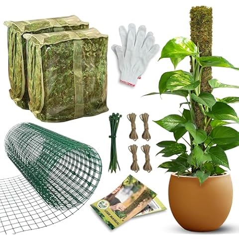 DUSPRO DIY Moss Pole Kit, Metal Moss Pole for Plant Monstera, Pothos, Philodendron, 1pc 8.6’’ x 6.5 ft Wire Moss Pole Mesh with Forest Moss, Cable Zip Ties, Gloves Cover