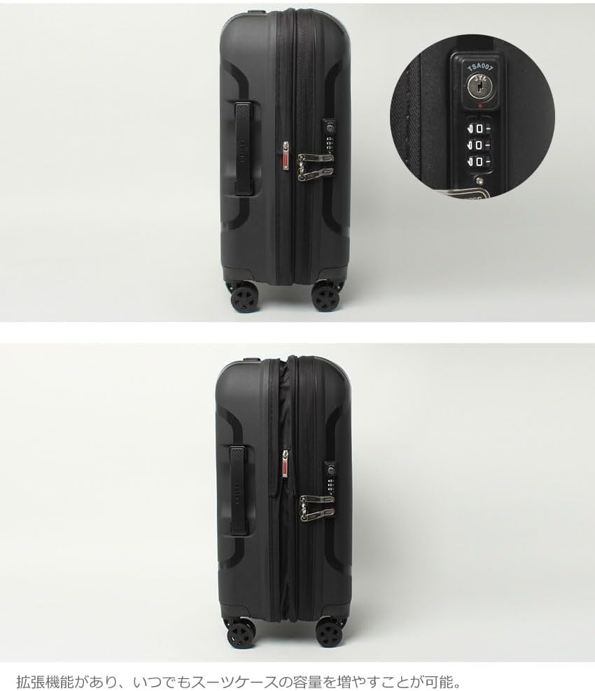 വശം view of the suitcase showing the TSA lock and the expander zipper