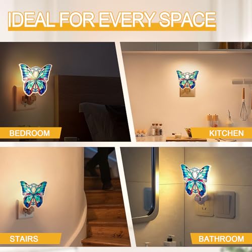 Image of Butterfly Night Light - Stained Glass Styled Plug-in Wall Light for Vertical Outlets - Real Glass, Warm Glow for Bedroom, Bathroom, Hallway - Gift for Butterfly Lovers