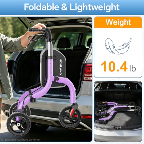 Image of HOMLAND Foldable 3 Wheel Walkers for Seniors, Lightweight 10.4 lbs | with Cane & Cup Holder, Height Adjustable, 8'' big wheel, Lavender