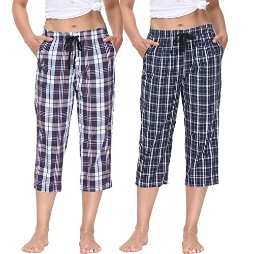 JINSHI Femme Bas de Pyjama Coton Eté Shorts de Nuit à Carreaux 3/4 Pantalon Court avec Poches Motif Vêtements d'Intérieur Elastique 2 Unités XXL Cover