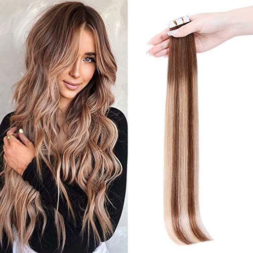 Maxfull Tape In Hair Extensions Human Hair Blonde Highlights, Undetectable Real Remy Semi-permanent Hair Extensions, 20pcs, 22inch, 50g