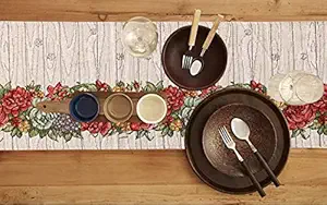 PRAKARTIK BY INDUARTS 100% Cotton Yellow Red Roses Border Rectangular Dining Table Runner. Yellow & Red (Set of 1 + 180 cm Runner)