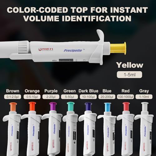 Image of 4E's USA Lab 1-5mL Pipette: Single-Channel Adjustable Micropipette with Color-Coded Top (Yellow), 4 Digit Display, Universal Tip Cone, High Accuracy, ISO 8655 Calibrated & Lower Portion Autoclavable