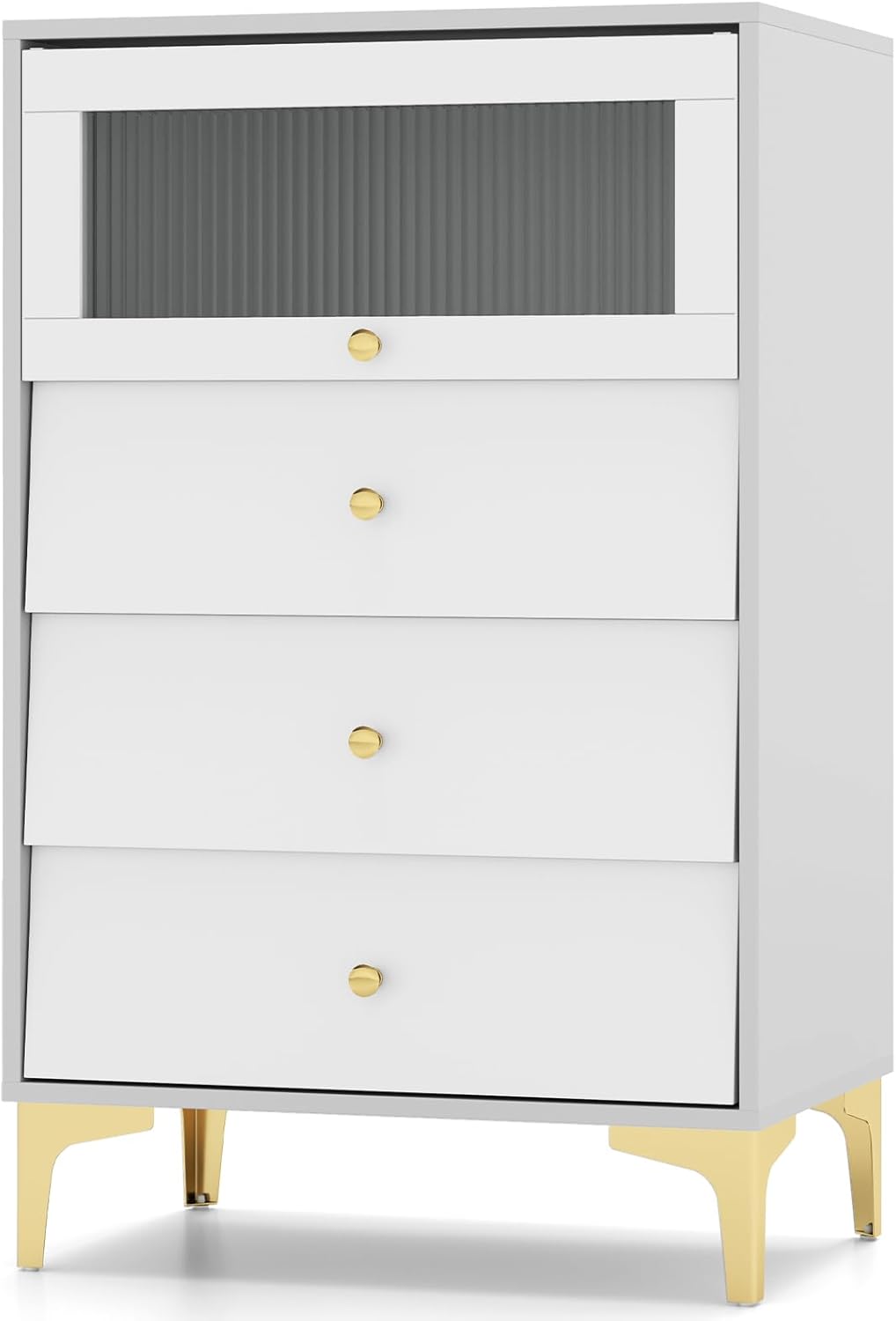 LOKO 3 Drawer Dresser, 37.5" Tall Dresser Chest of Drawers with Flip-up Fluted Glass Door, Gold Handles and Legs, Modern Storage Tower for Bedroom, Closet, Living Room (16" D x 23.5" W x 37.5" H)