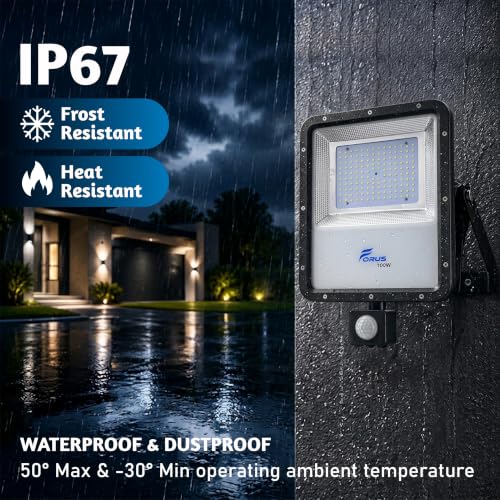 Image of Forus 100W LED Flood Light Green with Motion Sensor Auto On Off Day Night Mode Waterproof Outdoor Security Light for Garden Parking Garage Factory Warehouse High Bright Floodlight 4Yr Warranty-1Pc