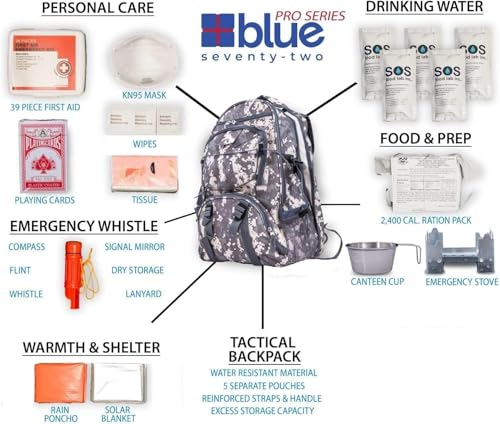 Blue Seventy-Two - Pro Series - Camo Deluxe 72 Hour Emergency Backpack Survival Kit for 1 Person | Survival Kit for Wildfires, Earthquakes, Tornado, Hurricanes, and Other Emergencies - Image 2