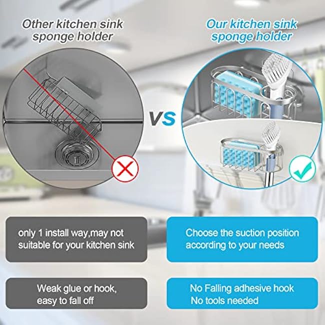 Yazoni 2-in-1 Sponge Holder for Kitchen Sink, Suction Cup Kitchen Caddy, No Drill Rustproof Sink Organizer for Place Dishwashing Brush Soap and Sponge (Silver)