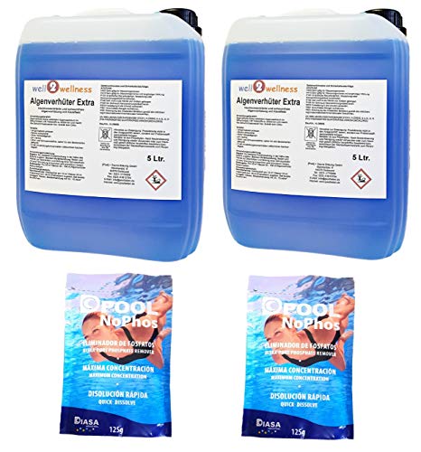 well2wellness Pool Algae Preventer + Algae Killer Extra Blue 10 L (2 x 5 L) + 2 x 125 g NoPhos