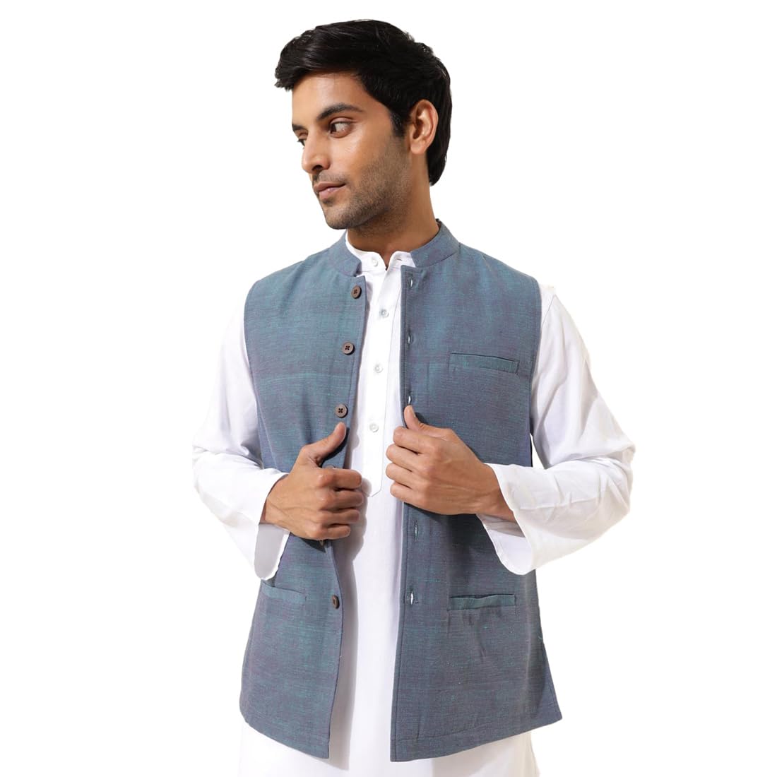 fabindia Men Cotton Blue Hand Woven Chinese Collar Regular Fit Nehru Jacket-picture-13