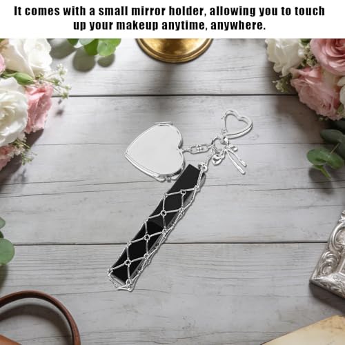 Image of Lipstick Holder Keychain, Y2K Bag Charm Accessories with Touch Up Mirror, Silver Net Pouch for Lip Balm and Makeup Organizer, Portable Bag Link Charm for Daily Use and Travel Essentials