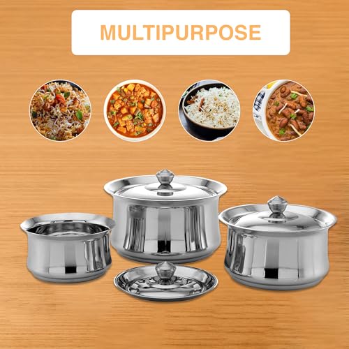 Image of Expresso Stainless Steel Handi Set with Lid for Serving, Cooking Bowl, Biryani Handi Set of 3 Pieces | Heavy Gauge Induction Friendly Kitchen, Patila Hot Pot Degchi 800 /1350 /2100ml Model - KIA