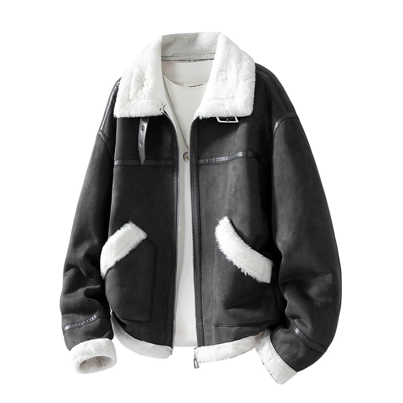 Teenager Faux Shearling Collar Cardigan Jacket Dark Gray/Caramel