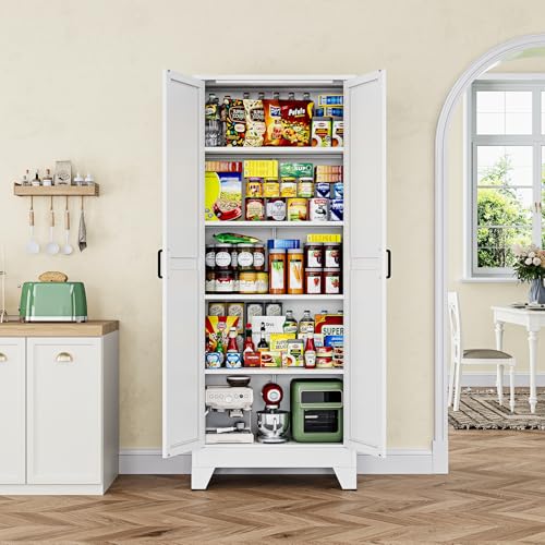 Image of Letaya 75 inch H Metal Storage Cabinet with 2 Doors and 4 Shelves,Tall Kitchen Pantry Cabinets,Farmhouse Utility Pantry Organizers for Cupboard /Dining /Bathroom /Home Office /Garage,White