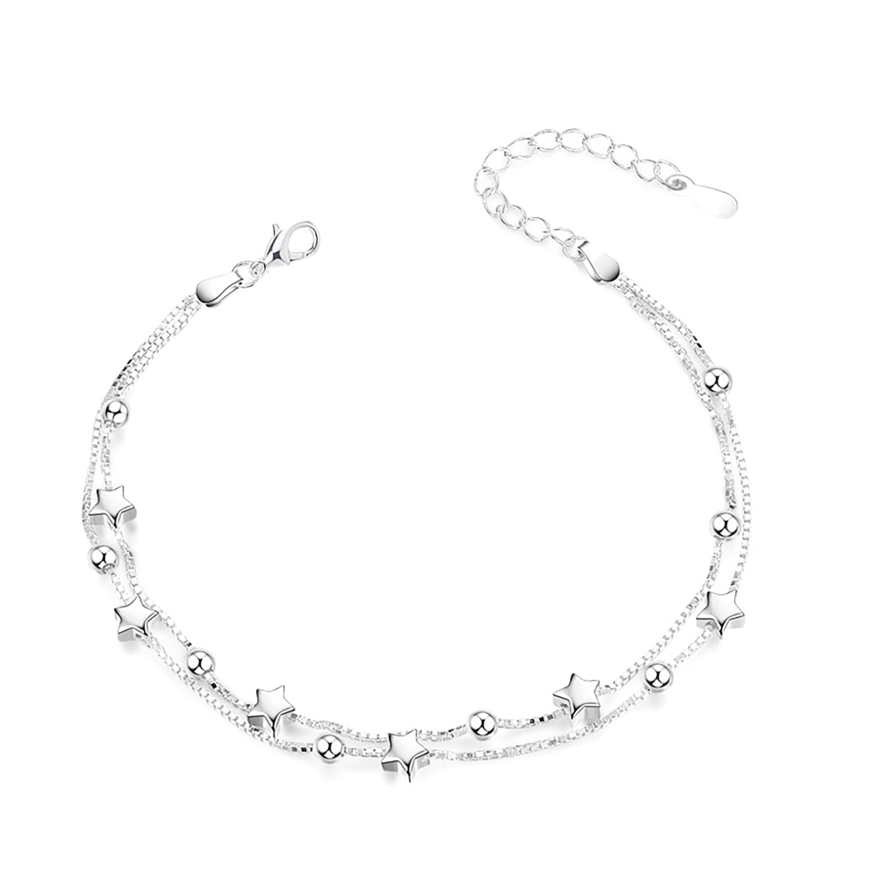 ZuofanPulsera de Estrellas para Mujeres y Niñas, Pulsera con cuentas de plata de ley 925, Plata de Ley con Cuentas y Eslabones de la Amistad Ajustable Charm Capas Regalo Aniversario