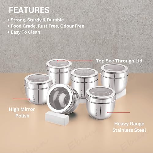 Image of Ebun Stainless Steel See Through Containers for Kitchen | Conical Shape Small Stainless Steel Dabba Set for Kitchen | Steel Container with Lid | 200 Ml Capacity | Pack of 6