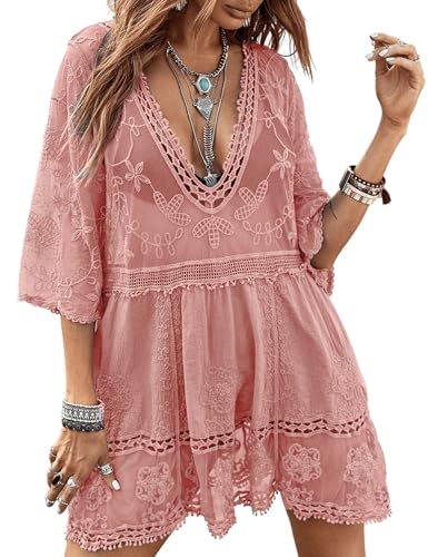 Image of Eomenie Women's Contrast Lace Bathing Suit Cover Up V-Neck Swimsuit Coverups Loose Swimwear Beach Dress Beachwear