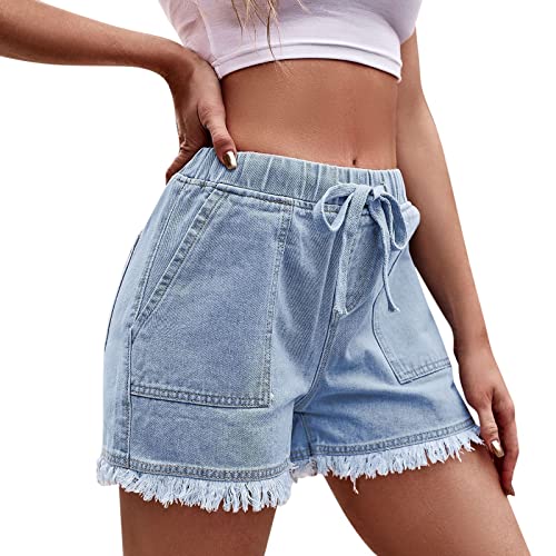 MODSGUE Jeanshosen Damen Sommer Elastische Taille Kurze Hosen Mit Kordelzug...