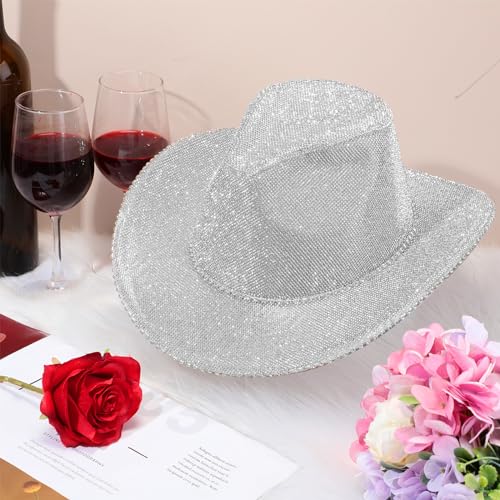 Image of Hercicy Rhinestone Cowboy Hat with Diamond Fringe CowHat for Cosplay Wedding circumference between 21.5 and 23.5 inches