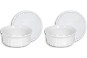 Set of Two French White 24oz CorningWare Round Casseroles with Plastic Covers