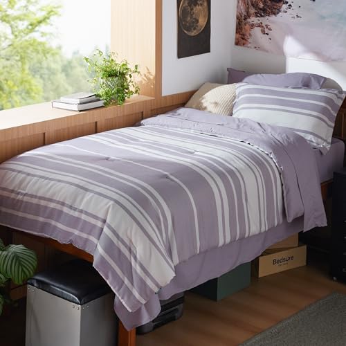 Image of Bedsure Twin XL Comforter Set 5 Pieces, Purple Striped Bedding Set for All Seasons, Reversible, Cationic Dyeing Bed in a Bag with Comforter, Sheets, Pillowcase & Sham