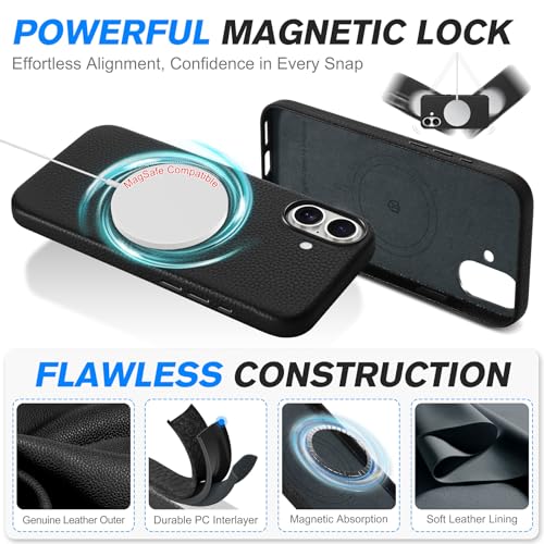 Image of SHIELDON Genuine Leather Case for iPhone 17 6.3 inch 2025, Pebbled Black | Compatible with MagSafe, Magnetic Wireless Charging, Camera Button, Metal Buttons, Camera Bezel, Slim, Shockproof, Women Men