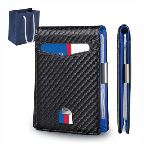Men's Slim Leather RFID Blocking Wallet - Minimalist Carbon Fiber Bifold, Mens Wallets RFID Blocking With Money Clip (A-Black Blue)