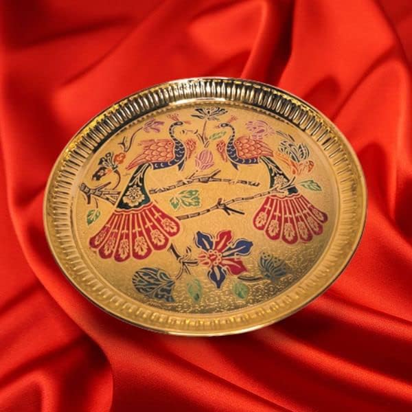 Decorative Peacock Brass Thali Plate Brass Thali Prasad Plate for Pooja Utensils Indian Traditional Festival Housewarming Decorations and Home Decor(Size:- 8