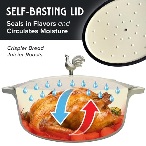 Image of MUELLER HOME 5.5 Quart Enameled Cast Iron Oval Dutch Oven with Rooster Knob & Cotton Potholders, Heavy-Duty Cookware, Oven-Safe up to 500 F & Across All Cooktops, Gifts for Grandma & Women, White