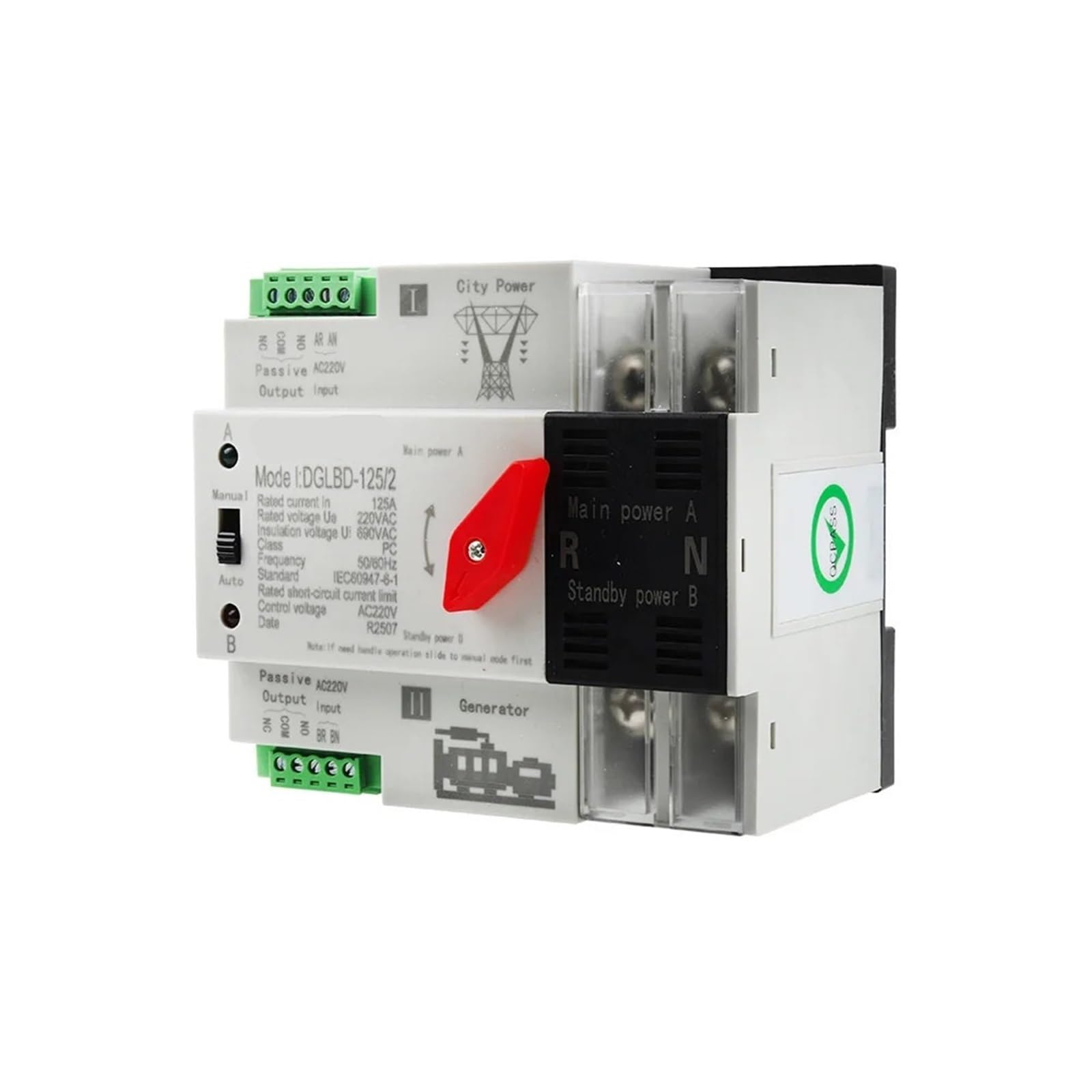 ATS 220V Jednofazowy automatyczny przełącznik elektryczny na szynie DIN, przełączniki podwójnego zasilania, generator prądu nieprzerwanego 2P 125A (220V)