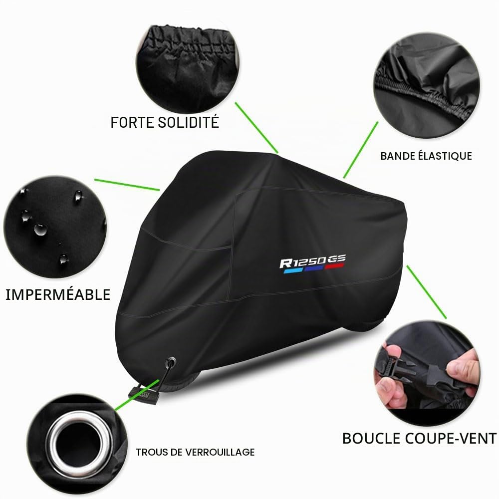 Bâche de protection pour moto imperméable, anti-poussière, anti-pluie, coupe-vent, anti-oiseaux, en polyester 210D, antivol pour moto et scooter R1250GS R 1250 GS R1250 GS ADV (290 x 110 x 140 cm)