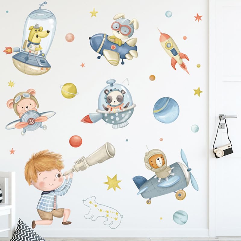 Image of Cute Giraffe Bear and Rabbit Musical Space Adventure Wall Stickers for Kids Room Bedroom Living Room Door Study Boho Nursery Wall Decoration for Baby Boy Girl Room Decor