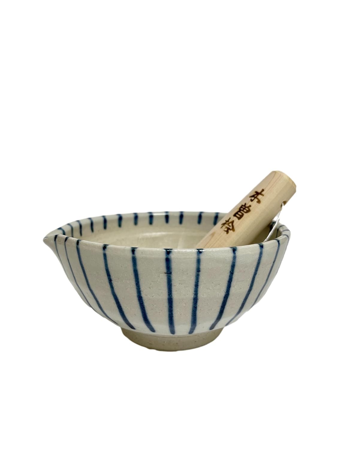 Minoyaki Japanese Mortar & Pestle (Suribachi & Surikogi) Set Food Grinding Bowl Authentic Mino Ware Pottery Small 6.14 inches, Light Grey with Blue Line Pattern 38712
