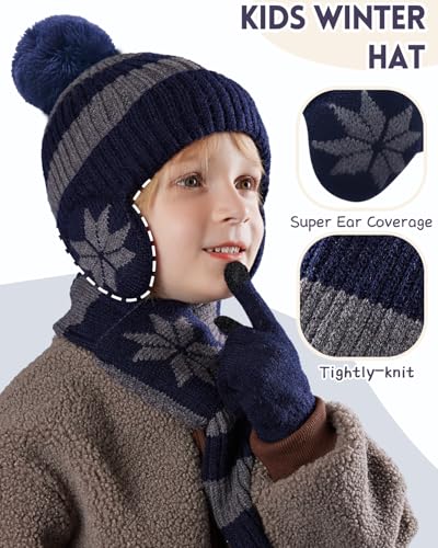 Image of Kids Winter Beanie Hat Scarf Gloves Set 3Pcs, 3-12Y Fleece Lined Knit Hat With Earmuffs Pom Touchscreen Gloves For Boys Girls