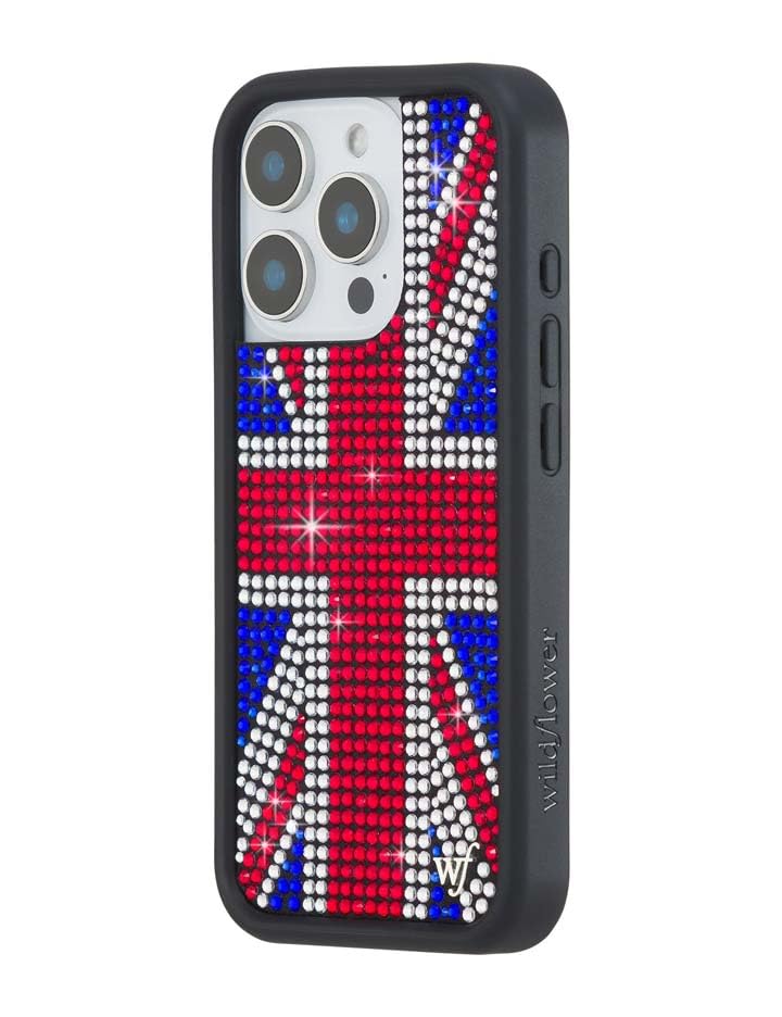 Image of Wildflower Cases - iPhone 16 Pro Compatible - Rhinestone Union Jack | Impact-Certified 6.5 ft Drop Protection Case, Raised Protective Bumper, Cute Aesthetic Design, Women-Owned Small Business