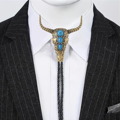 Image of GelConnie Longhorn Bull Bolo Tie for Men Native American Western Cowboy Leather Necktie Bolo Necklace for Women Gold Texas