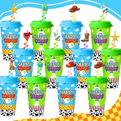 Joyhaven 24 Toy Party Favors Cups with Lids and Straws - 16oz Reusable Plastic Cups Toy Themed Birthday Party Decorations Supplies for Kids Baby Shower Goodie Bag Stuffers