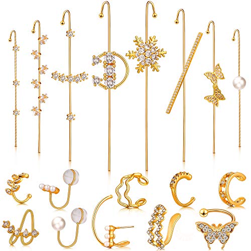 18 Pieces Ear Cuff Wrap Crawler Hook Earrings Gold Simple Piercing Climber Earring Ear Crawler Earrings Ear Clips for Women Girls Christmas Valentine's Day Birthday Party