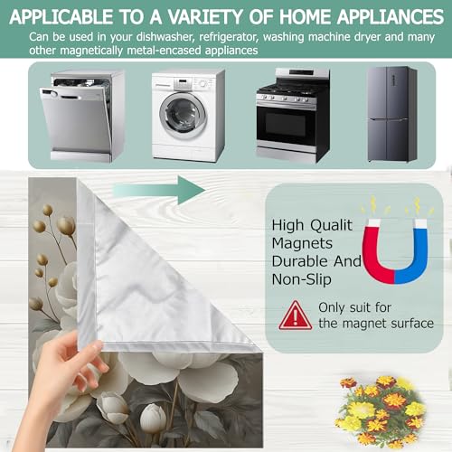 Image of Dishwasher Cover,White Peonies Flower Reusable Dishwasher Magnet Cover,Decorative Modern Art Magnetic Refrigerator Cover Front Panel Cover for Kitchen Decor 23x26 Inch