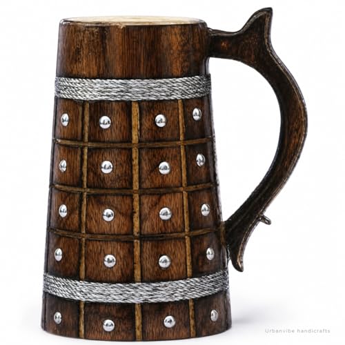 Image of Handmade Wooden Beer Mug, Wood with Sheesham Finish, Barrel Style, Lightweight & Durable, for Craft Beer, Home Bar, Cafe, Party, Gift(350ml) (Barfi with Studds)
