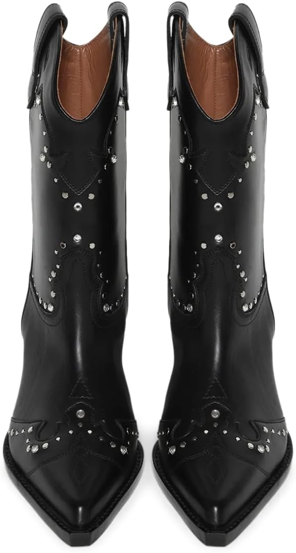 YDN Women Retro Closed Pointed Toe Pull On Western Boots Rhinestones Studded Mid Thick Heel Booties Vacation Party Daily Shoes Size 4-16 US