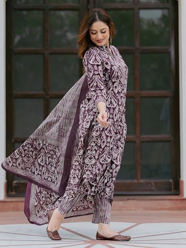 Image of Arayna Women's 100% Pure Cotton Ikat Printed Ethnic Straight Kurta Pant and Dupatta Set for Women
