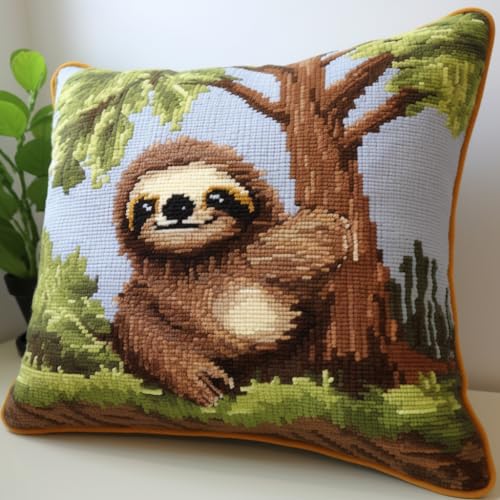 A Cartoon Baby Sloth on Tree Latch Hook Pillow Kits Printed Embroidery Pillowcase DIY Crochet Yarn Hooking Craft Rug Cushion for Home Christmas Decor and Gift 43x43cm(4)