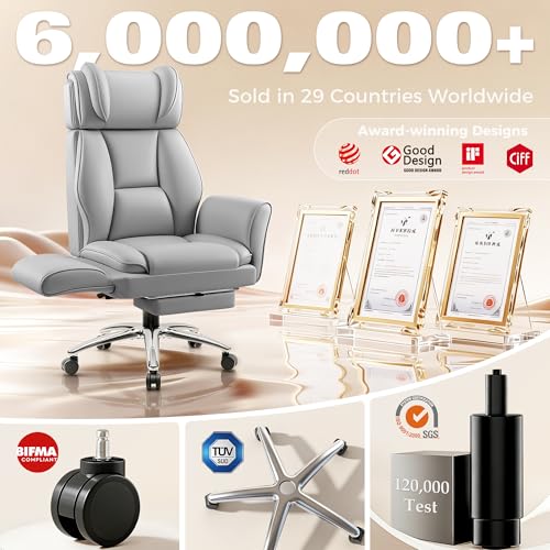 Image of Big and Tall Office Chair, Flip Armrests for Cross Legged Sitting, Ergonomic Leather Executive Desk Chair with Foot Rest, High-Back Reclining Computer Chairs for Office Home Game - Light Gray
