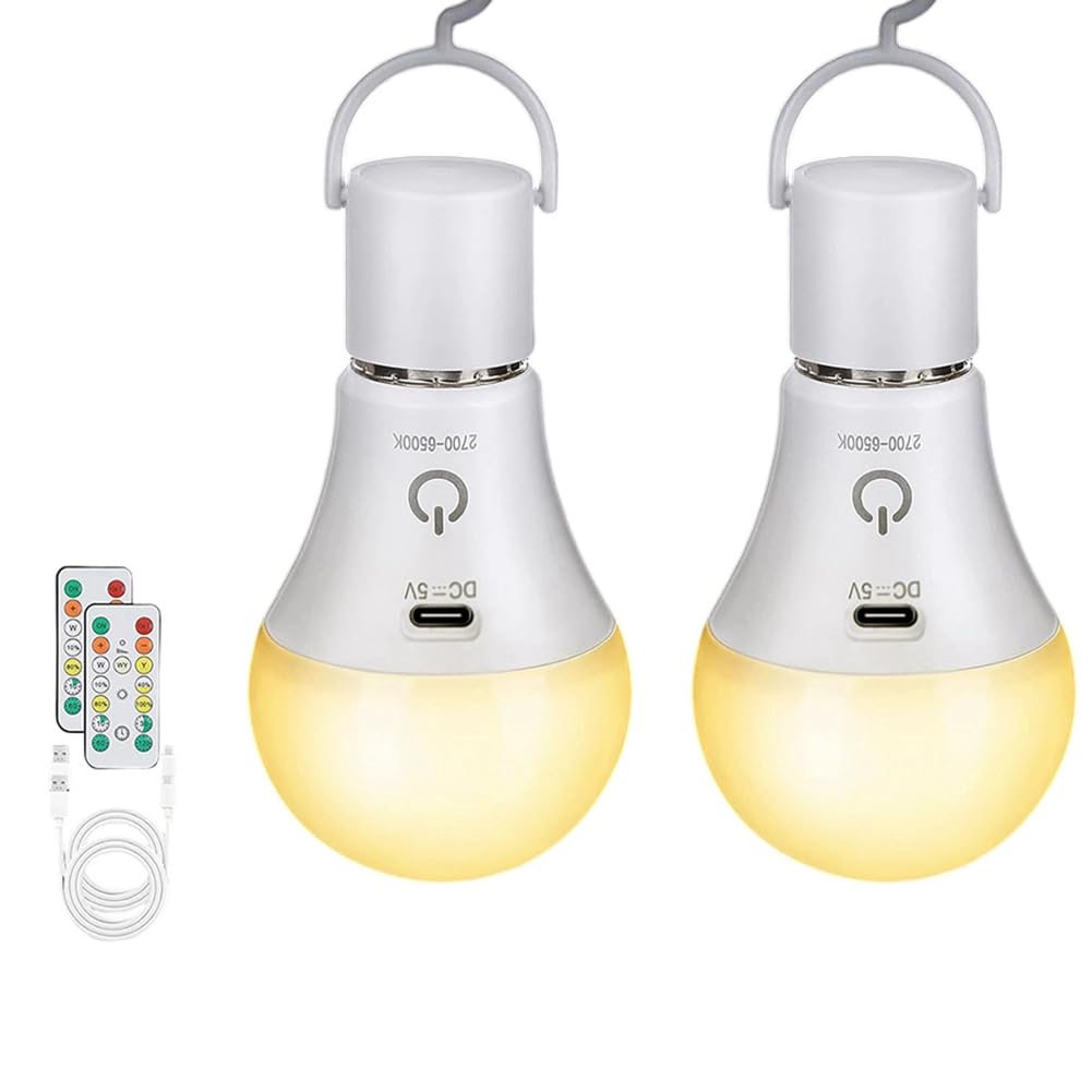 Vjsujehgy Emergency Light Bulb Rechargeable 2pcs with Remote, 3 Colors, Dimmable, Timer Function, E26 Base