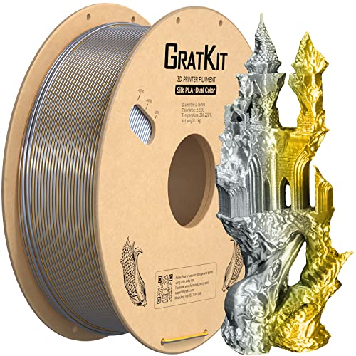 Image of Gratkit Silk Dual Color PLA Filament, Coextrusion PLA Filament 1.75mm, + /-0.03mm, 1KG /Roll, Silk PLA Gold & Silver