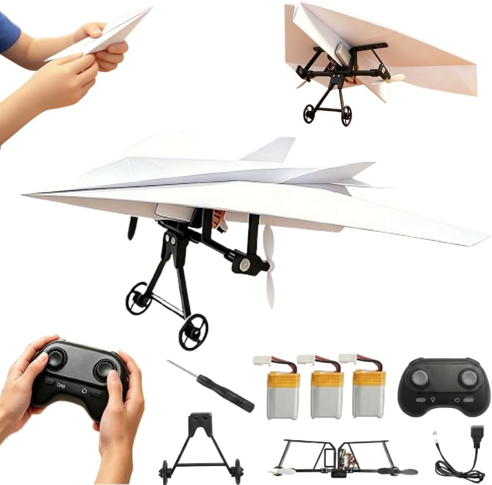 Kit de avión de papel Rc – Avión de control remoto eléctrico de bricolaje con estabilizador giroscópico, kit de avión Rc de doble hélice, juguete de vástago volador plegable y ligero, microdron de ala fija, regalos de gadgets tecnológicos geniales