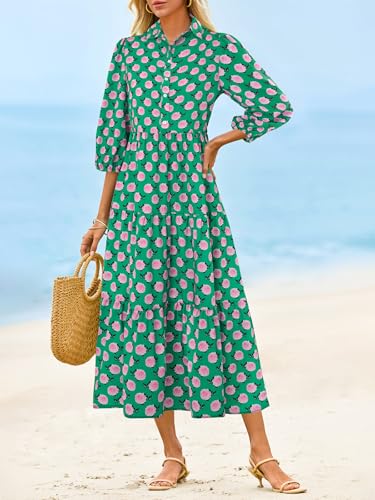 Image of Wenrine Womens Casual 3 /4 Sleeve Shirt Dress Button Down V Neck Tiered Collared Flowy Maxi Dress